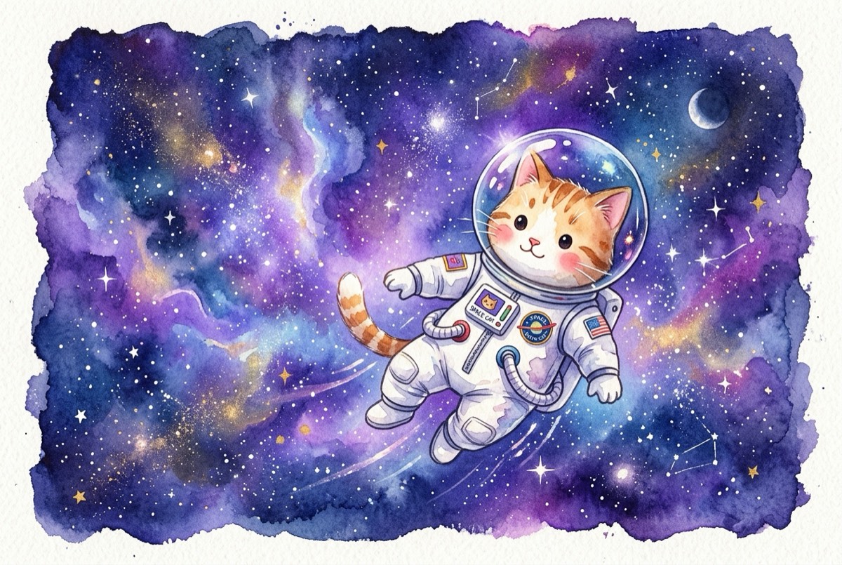 Пример генерации: кот-космонавт, акварель